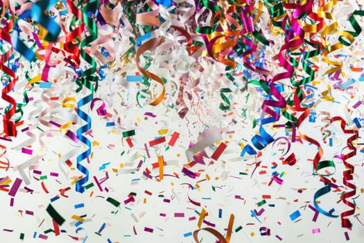 coloured confetti as a white New Year's background. AI generative.
