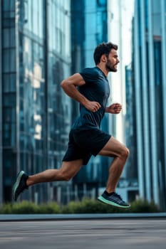 male athlete runs in the city. AI generative.