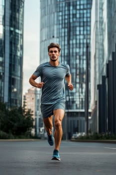 male athlete runs in the city. AI generative.