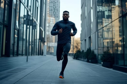 male athlete runs in the city. AI generative.