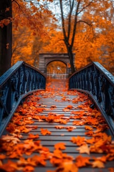 Red wooden bridge, autumn maple leaves. AI generative.