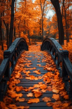 Red wooden bridge, autumn maple leaves. AI generative.
