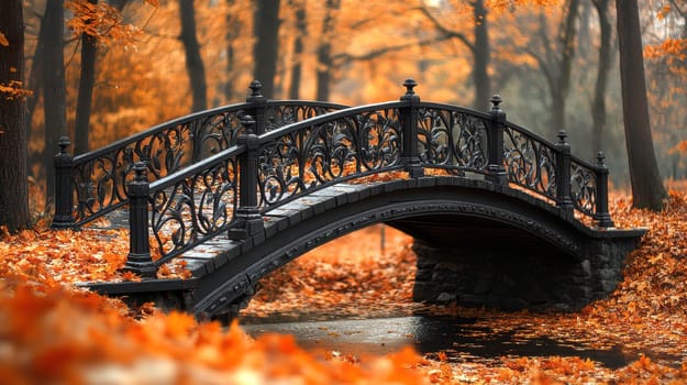 Red wooden bridge, autumn maple leaves. AI generative.