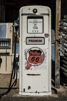 Hackberry, Arizona, United States, November 2013: worn-out and rusty Phillips 66 gas fuel dispenser on historic route 66