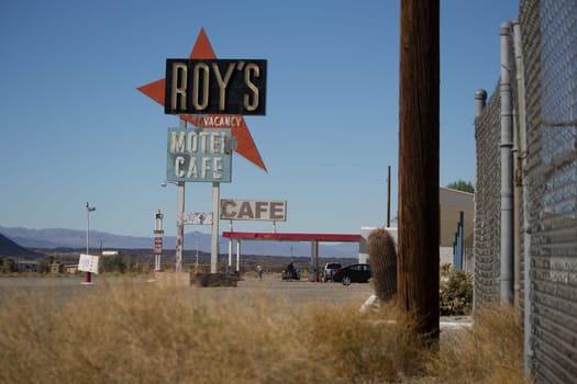 Amboy, California, November 2013: Famous Roy's café and gas station alongside classic Route 66