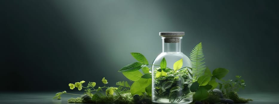 Natural skincare cosmetics bottles products with green plant banner background with copy space. Beauty and skin care herbal organic product deep hydration or soothing. AI Generative content