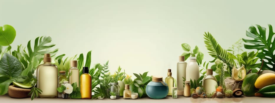 Natural skincare cosmetics bottles products with green plant banner background with copy space. Beauty and skin care herbal organic product deep hydration or soothing. AI Generative content
