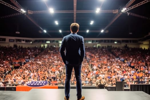 politician on stage .electoral campaign before the elections, back view.Generative AI