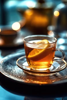 tea with lemon in a glass cup on the table in the sunlight. Generative AI