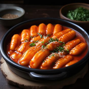Tteokbokki or Topokki , stir fried rice cake stick, popular Korean street food with spicy gochujang sauce and sesame seed. Generative AI