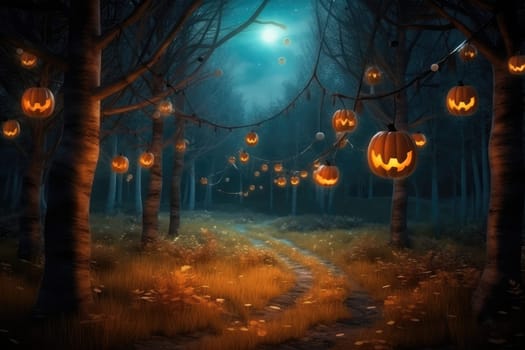 in the night forest, fireflies create a magical glow over pumpkins in the grass, Halloween. Generative AI