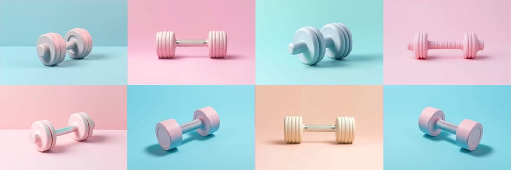 The concept of fitness and healthy sports. Pastel color dumbbell on pastel background.set or banner Generative AI