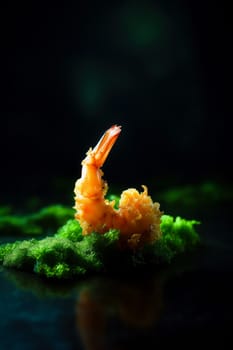 fried crispy shrimp on a wooden table with wasabi on a dark background. Generative AI