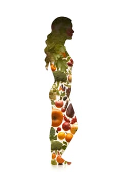 Woman silhouette made of healthy food on white background.