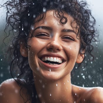 Image of a positive young woman smiling while raining. Cheerful woman enjoying the rain outdoors. emotions.Generative AI