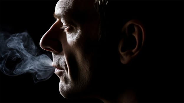 close-up portrait of a man exhaling cigarette smoke on a black background. Generative AI