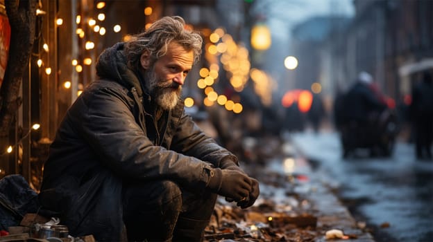 a destitute man sits against the backdrop of a bright festive city illumination.the concept of loneliness and social support