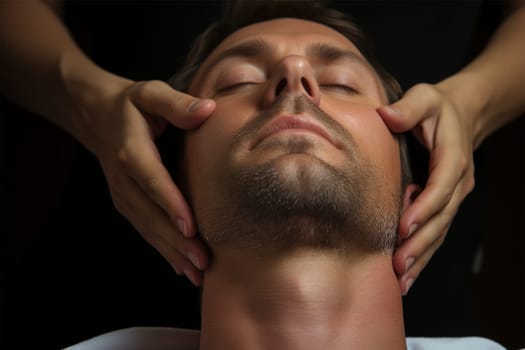 beautiful young woman lies with closed eyes and receives face and head massage in spa salon.health, beauty and relaxation concept