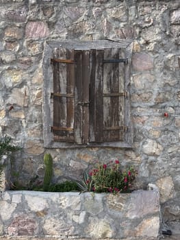 Rough stone wall with old weathered wooden shutters over a planter box filled with cacti and flowers. Rustic, nostalgic style.