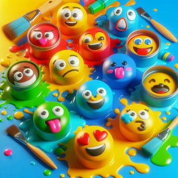 A playful composition of emojis, painted in different colors and placed on paint pots, creating a whimsical and expressive image. A high-quality AI-generated photo.