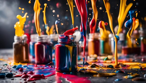 A close-up of paint jars with colorful paint splatters and splashes. The paint is flowing and dynamic, creating a vibrant and artistic scene. A high-quality AI-generated photo.