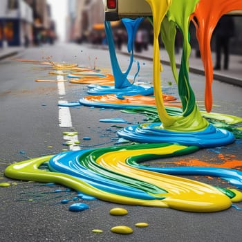 A city street with colorful paint spilled on the road. The paint is flowing and spreading, creating a dynamic and artistic pattern. A high-quality AI-generated photo.