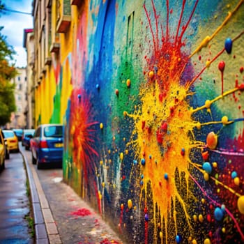 A colorful graffiti wall in a city street. The graffiti is a vibrant mix of colors and shapes, creating a bold and expressive statement. A high-quality AI-generated photo.