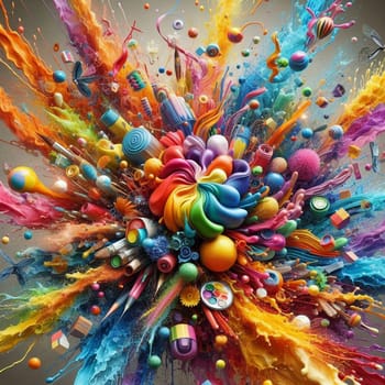 A colorful explosion of paint, art supplies, and other objects, creating a dynamic and chaotic scene. A high-quality AI-generated photo.