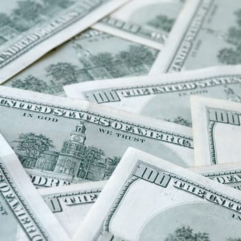 Background of 100 dollar bills. Abstract textured backdrop with many hundred money bills. Rich life concept. Huge amount of american funds
