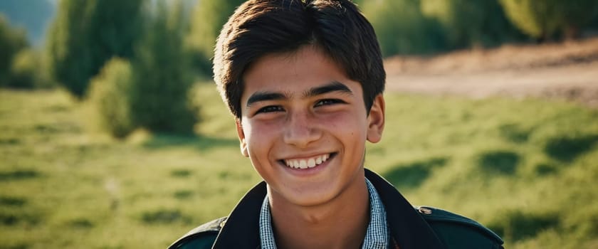 A joyful cute Tajik boy 18 years old beams with happiness as he stands in a picturesque landscape, surrounded by nature's beauty during warm, golden hour light. Happy smiling brunette boy. AI generate