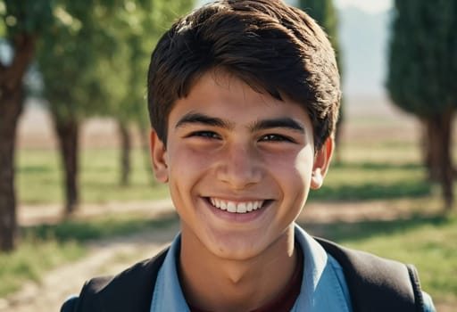 A joyful cute Tajik boy 18 years old beams with happiness as he stands in a picturesque landscape, surrounded by nature's beauty during warm, golden hour light. Happy smiling brunette boy. AI generate