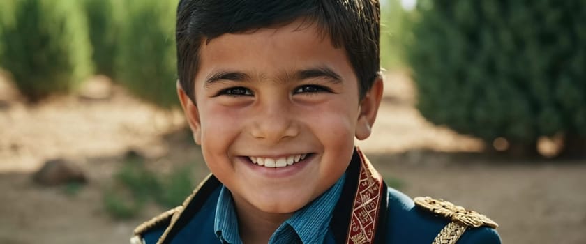 A smiling Tajik boy 5 years old beams with happiness, enjoying the beauty of a sunny day outdoors. His cheerful expression reflects moment of pure joy and innocence. Happy smiling child. AI generated.