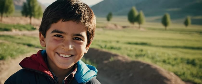 A smiling Tajik boy 5 years old beams with happiness, enjoying the beauty of a sunny day outdoors. His cheerful expression reflects moment of pure joy and innocence. Happy smiling child. AI generated.