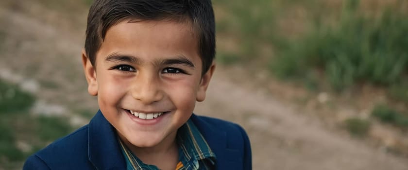 A smiling Tajik boy 5 years old beams with happiness, enjoying the beauty of a sunny day outdoors. His cheerful expression reflects moment of pure joy and innocence. Happy smiling child. AI generated.
