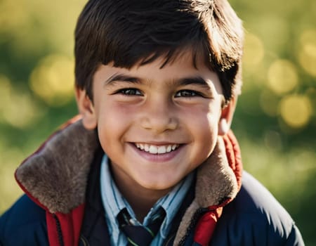 A smiling Tajik boy 5 years old beams with happiness, enjoying the beauty of a sunny day outdoors. His cheerful expression reflects moment of pure joy and innocence. Happy smiling child. AI generated.
