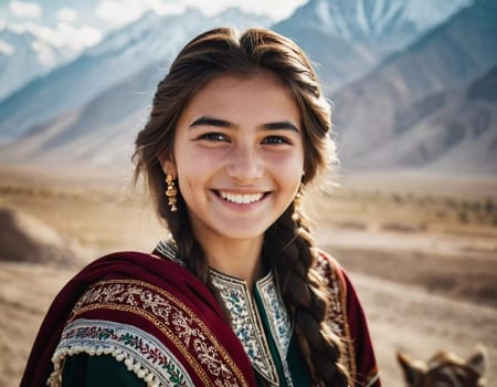 A young beautiful Tajik girl 18 years old beams with joy, reflecting her cultural heritage. The sunlight accentuates her cheerful expression and traditional clothing. Generated by AI.