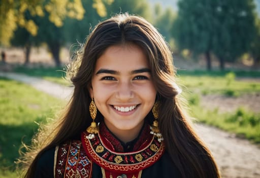 A young Tajik girl 18 years old beams with joy surrounded by lush greenery reflecting her cultural heritage. The sunlight accentuates her cheerful expression and traditional clothing. Generated by AI.