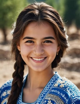 A young Tajik girl 18 years old beams with joy surrounded by lush greenery reflecting her cultural heritage. The sunlight accentuates her cheerful expression and traditional clothing. Generated by AI.