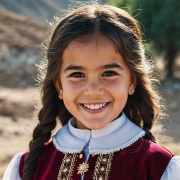 A young smiling girl 5 years old of Tajik nationality stands outdoors, dressed in traditional attire. AI generated