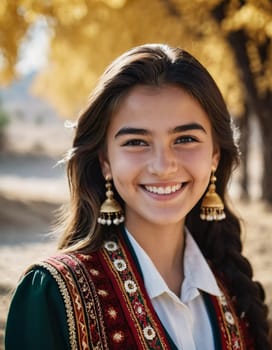 A young beautiful Tajik girl 18 years old beams with joy, reflecting her cultural heritage. The sunlight accentuates her cheerful expression and traditional clothing. Generated by AI.