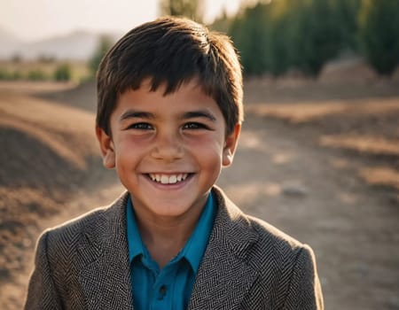 A smiling Tajik boy 5 years old beams with happiness, enjoying the beauty of a sunny day outdoors. His cheerful expression reflects moment of pure joy and innocence. Happy smiling child. AI generated.