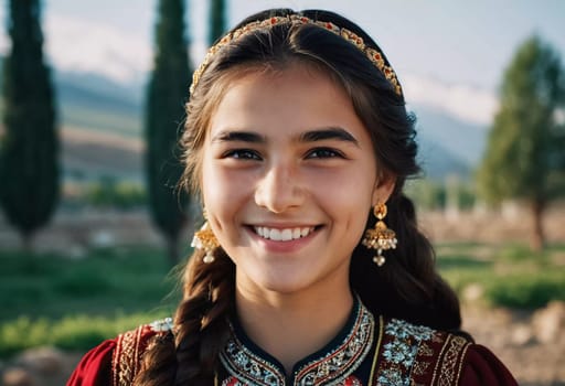A young Tajik girl 18 years old beams with joy surrounded by lush greenery reflecting her cultural heritage. The sunlight accentuates her cheerful expression and traditional clothing. Generated by AI.
