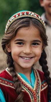 A young smiling girl 5 years old of Tajik nationality stands outdoors, dressed in traditional attire. AI generated