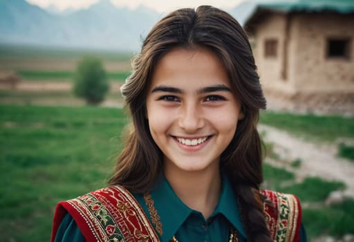 A young Tajik girl 18 years old beams with joy surrounded by lush greenery reflecting her cultural heritage. The sunlight accentuates her cheerful expression and traditional clothing. Generated by AI.