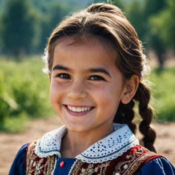 A young smiling girl 5 years old of Tajik nationality stands outdoors, dressed in traditional attire. AI generated