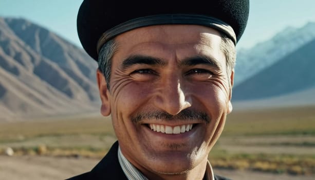 A joyful Tajik man 45 years old dressed in traditional clothing beams with a bright smile against a stunning backdrop, exuding warmth and happiness. A resident of Tajikistan. Generated by AI.