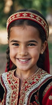 A young smiling girl 5 years old of Tajik nationality stands outdoors, dressed in traditional attire. AI generated