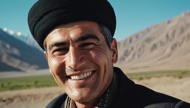 A joyful Tajik man 45 years old dressed in traditional clothing beams with a bright smile against a stunning backdrop, exuding warmth and happiness. A resident of Tajikistan. Generated by AI.