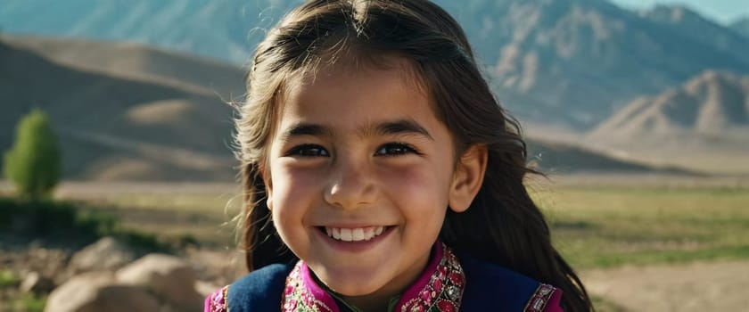 A young smiling girl 5 years old of Tajik nationality stands outdoors, dressed in traditional attire. AI generated