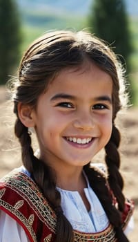 A young smiling girl 5 years old of Tajik nationality stands outdoors, dressed in traditional attire. AI generated
